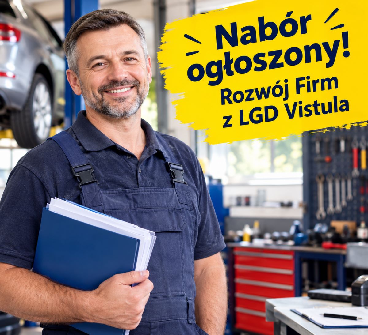 Przedsiębiorca sprawdzający dotacje LGD Vistula na rozwój firmy przy biurku